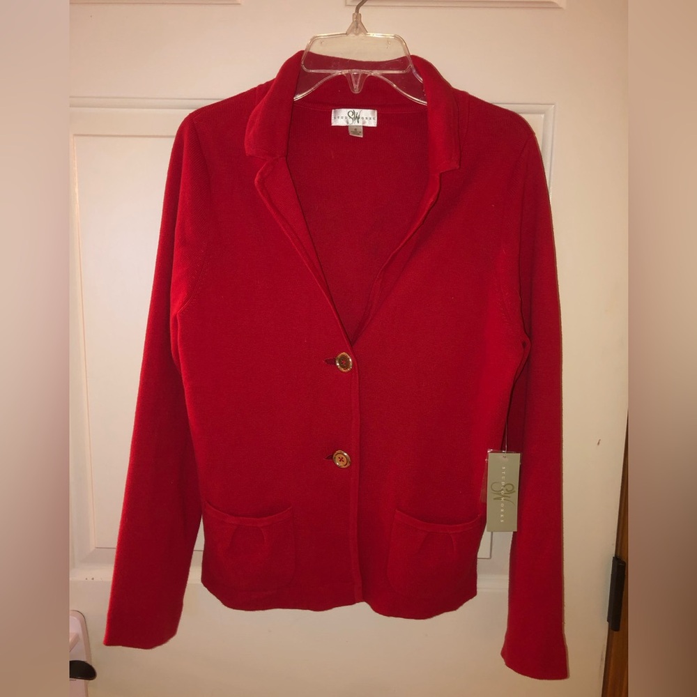 Studio Works Red Sweater Cardigan 2 button 2 Pocket Size Small